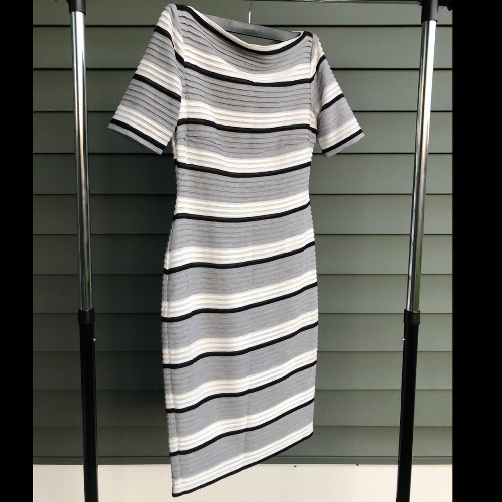 Sleek Maggy London wide-neck striped midi dress, size 4